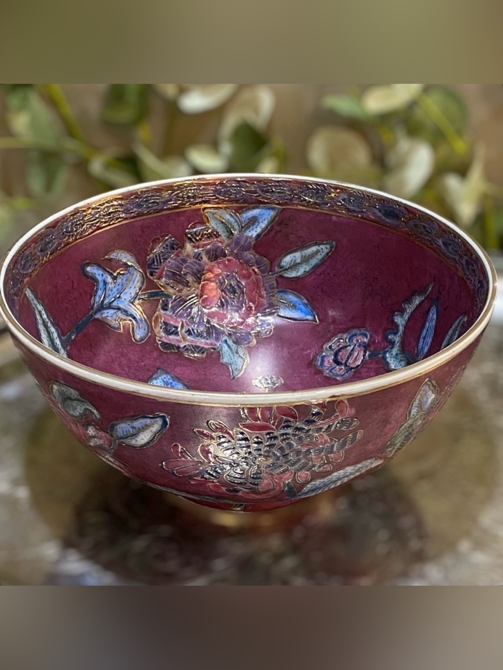 Vintage Cloisonne Enameled Chinese Bowl Floral Wine Purple Blue Green